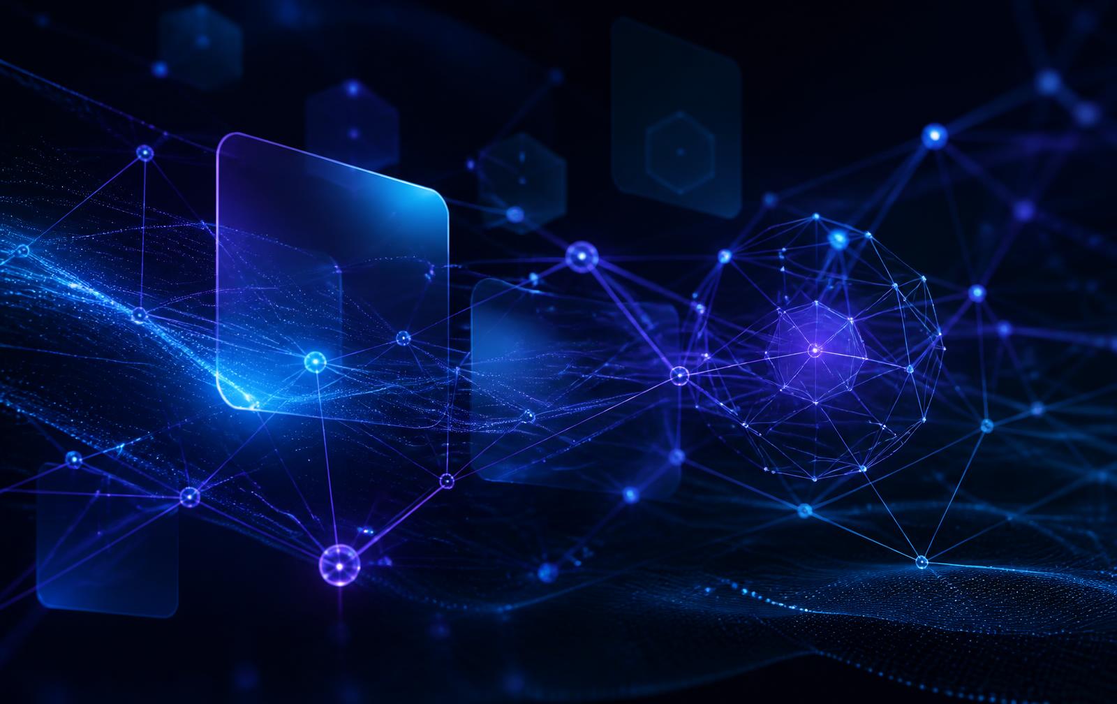 Composição abstrata de rede neural com nós luminosos e fluxos de dados